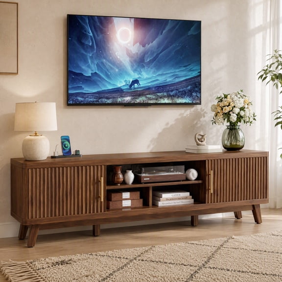 Seetech Wooden TV Stand for TVs up to 80", Modern Entertainment Center with Charging Station, Walnut