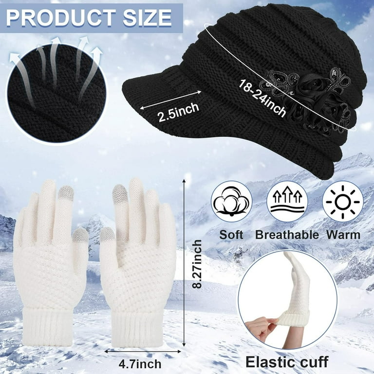 4 Sets Womens Winter Hats With Visor Winter Gloves Warm Beanie Hats With Brim Sequined Flower Touchscreen Gloves P 263449709