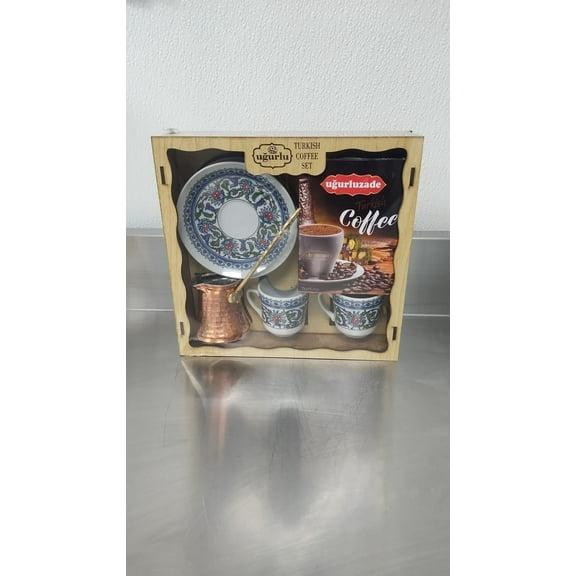Turkish Coffee Gift Set – Ugurluzade Coffee with Copper Pot, Traditional Ceramic Cups & Saucers, Complete Brewing Set, In Wooden Box