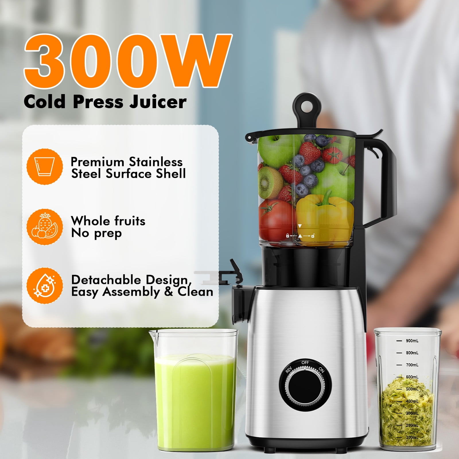 KNDKO Clod Press Juicer, 5.4" Wide Feed Chute Juicer Machine, Slow Masticating Juicer for Whole Vegetables & Fruits