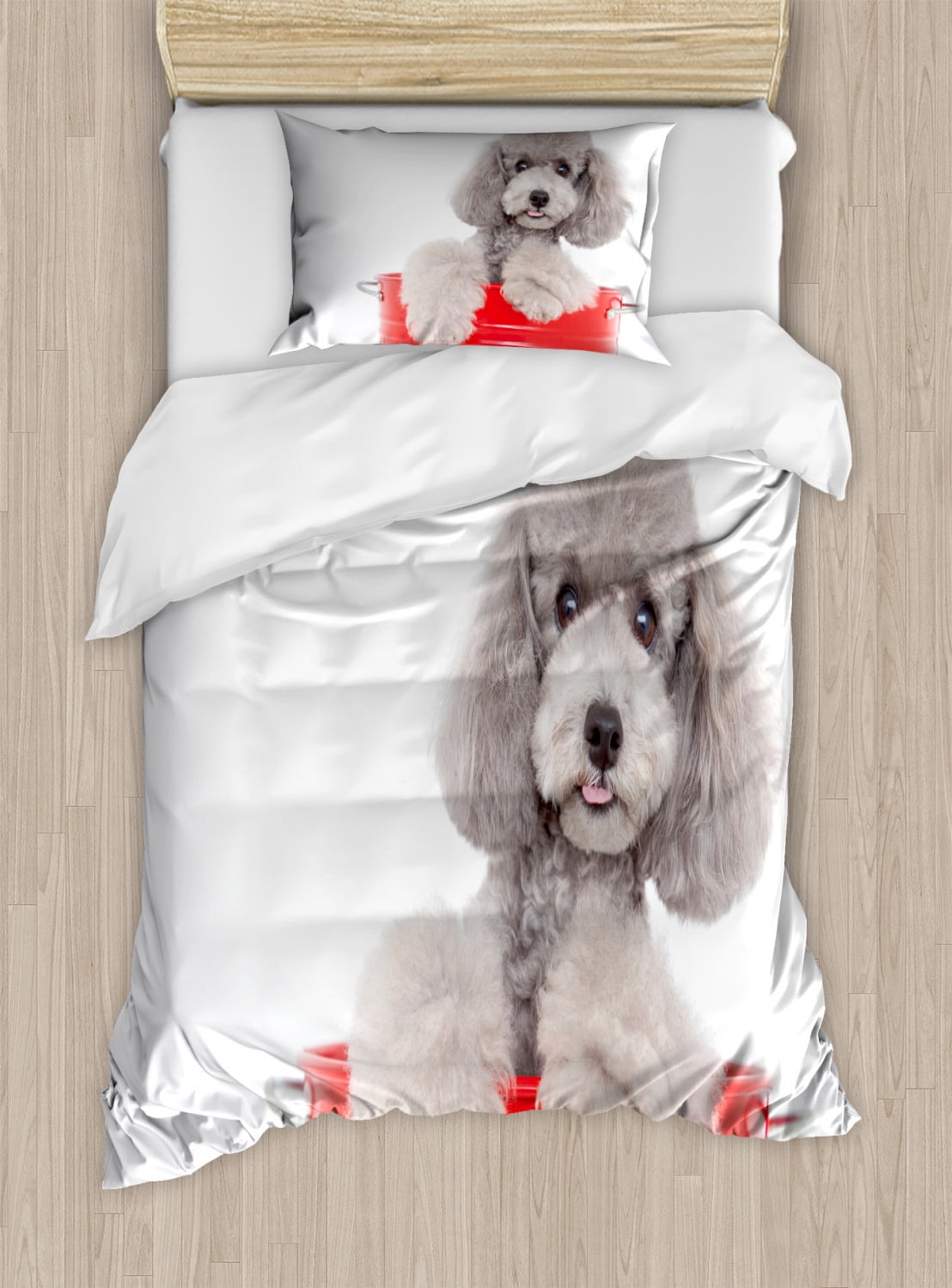 Poodle Duvet Cover Set, Pet Animal in a Bucket Posing Puppy Eyes