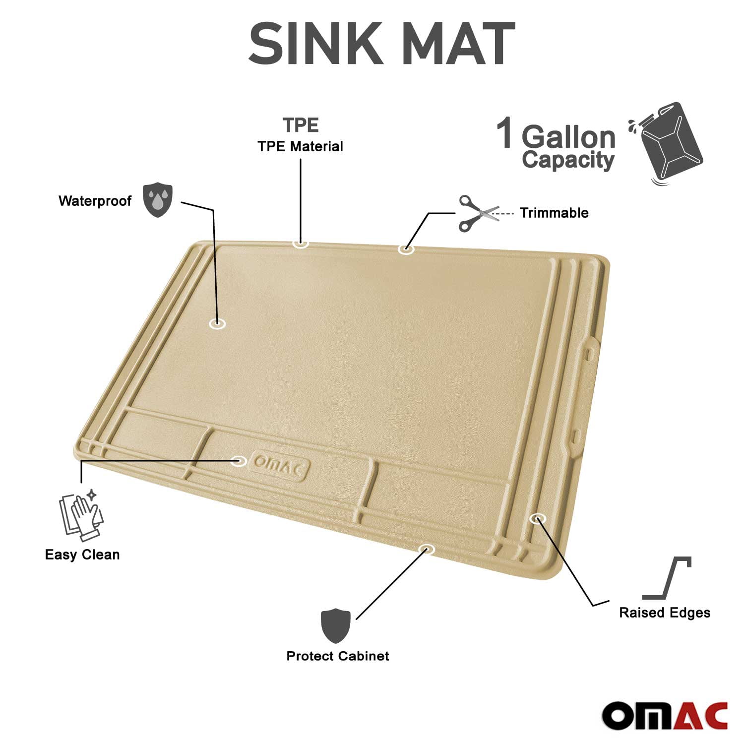 Omac Black Under The Sink Mat Kitchen Cabinet Mat Trimmable Waterproof Raised Edge Cabinet Liner Protector for Kitchen and Bath