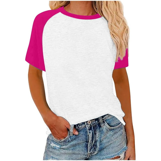T-shirt Raglan pour Femmes d'Été à Blocs de Couleur, Coupe Ample, Décontracté, Basique, Col Ras du Cou, T-Shirts à Manches Courtes, Tunique Grande Taille (4TG, Rose Vif)
