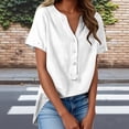 thumbnail image 2 of RongHuan Cotton Linen Shirts for Women Casual V Neck Blouses Button Down Short Sleeve Shirt Solid Color Work Tops, 2 of 9