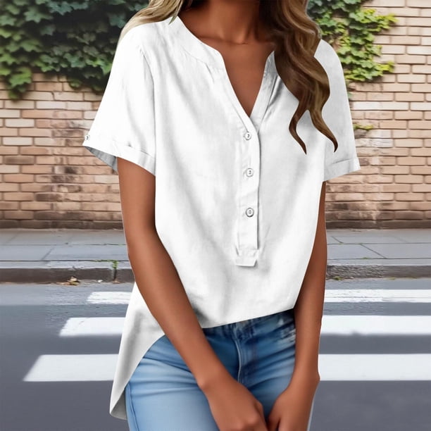 TaTaai Summer V Neck Casual Top, Women's Half Button Open Front Design, Linen Inspired Short Sleeve Solid Color Shirt Gift