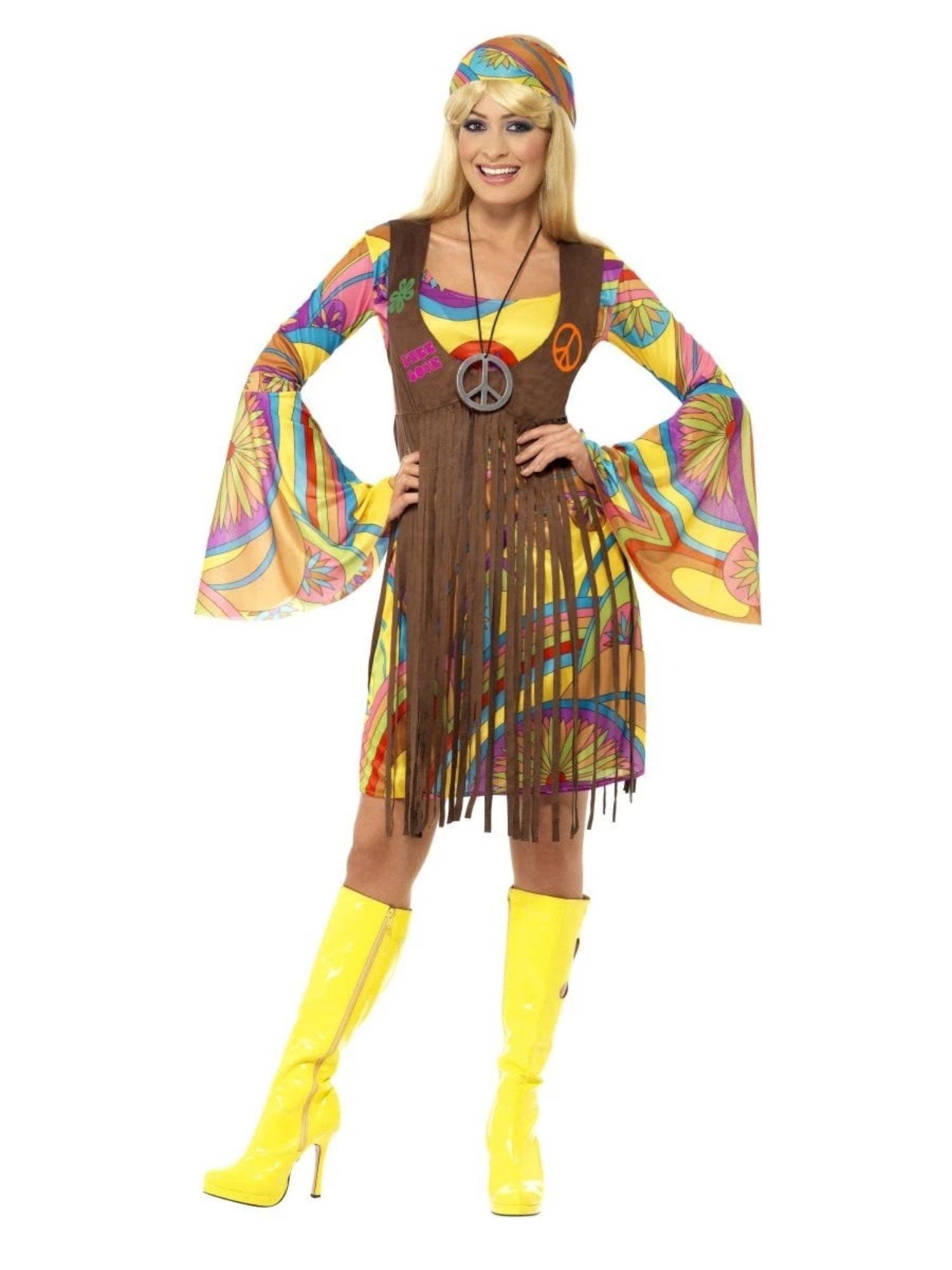 40" Yellow and Brown 1960 Style Groovy Women Adult Halloween Costume