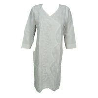 Mogul Womens Ethnic White Tunic Dress 3/4 Sleeves Beautiful Floral Hand Embroidered Cotton Beach Cover Up Caftan S
