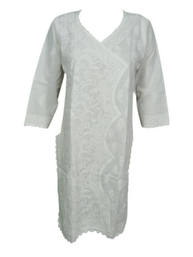 Mogul Womens Ethnic White Tunic Dress 3/4 Sleeves Beautiful Floral Hand Embroidered Cotton Beach Cover Up Caftan S