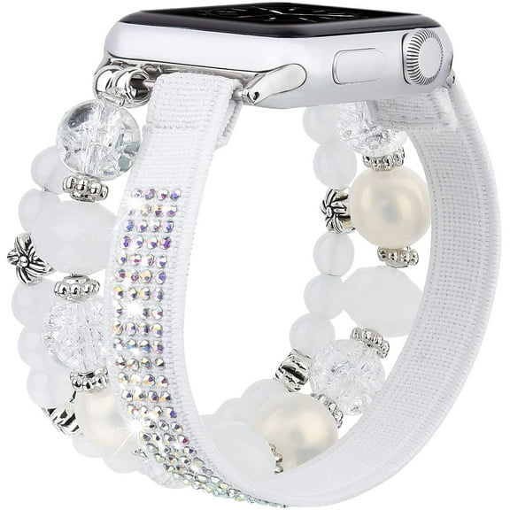EIKODO-Beaded Bracelet Compatible with Apple Watch Band 45mm 44mm 42mm Women, Bling Charm Elastic Scrunchie Dressy Strap for iWatch Bands Series 9/8/7/6/5/4/3/2/1/SE, Pure White