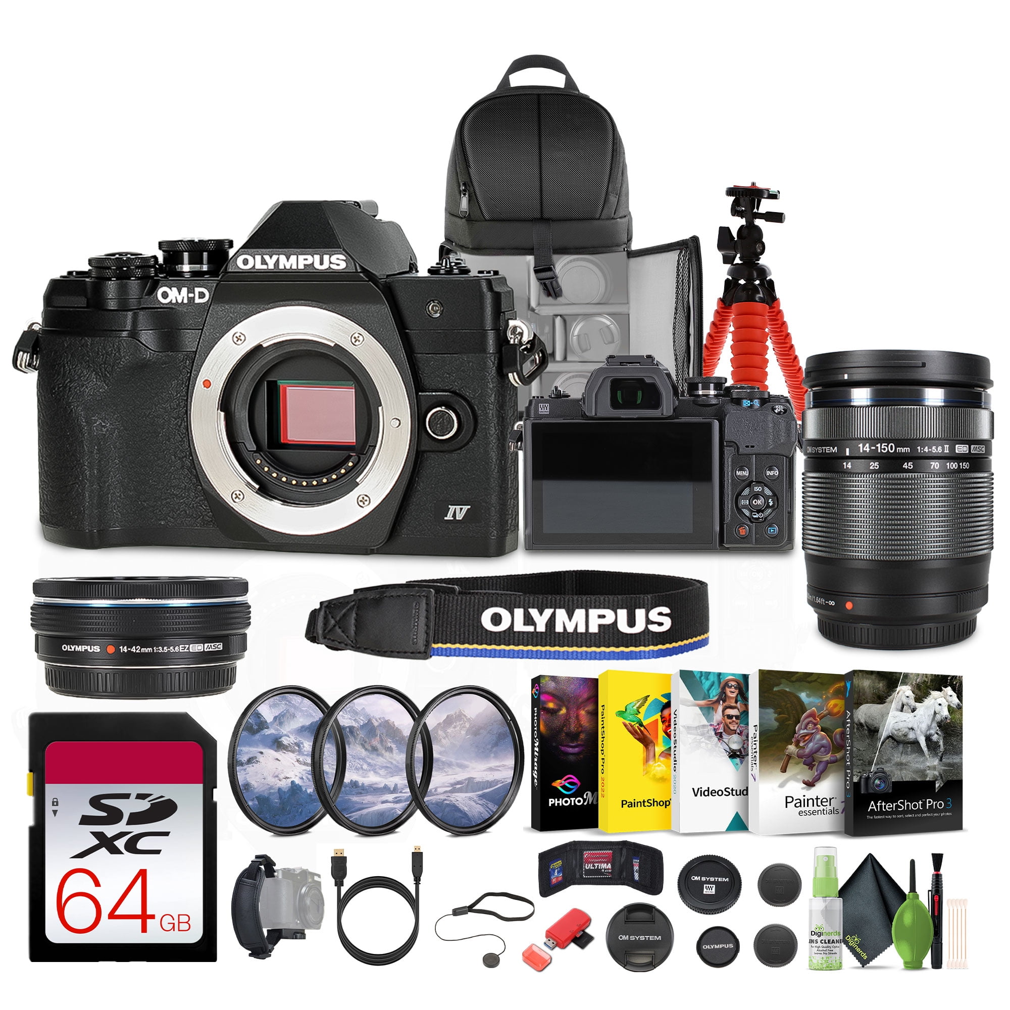 Olympus OM-D E-M10 Mark IV Mirrorless Digital Camera with 14-42mm and 40-150 mm Lens + 3PC MC PRO FILTER KIT UV/CPL/F 37MM + 64GB Memory Card + More