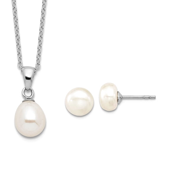 925 Sterling Silver Polished Post Lobster Claw Closure Freshwater Cultured Pearl Necklace and Stud Ear Set Stud Earring