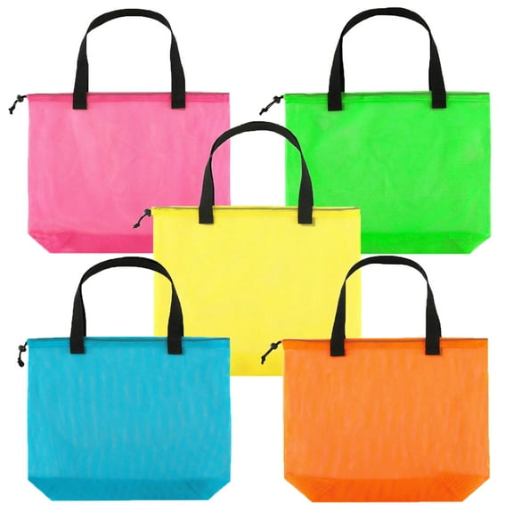 5Pieces Reusable Mesh Beach Tote Bags ,Mesh Pool Bag With Drawstring For Groceries, Travel,Toys & Laundry