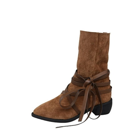 

Pointed Toe Boots for Women Strappy Pull On Mid Calf Boots Vintage Faux Suede Chunky Low Heel Boots Fashion Shoes