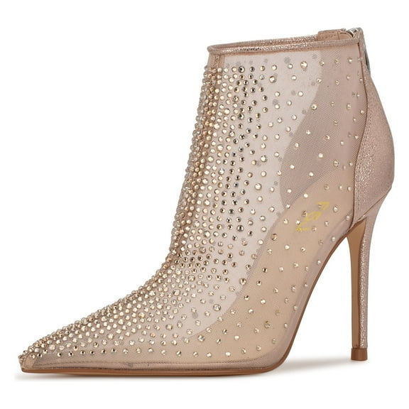 FSJ Women Fashion Rinestones Mesh Poined Closed Toe Ankle Boots Stiletto High Heel Back Zip Short Booties Sandal Party Dress Shoes Size 8 Champagne