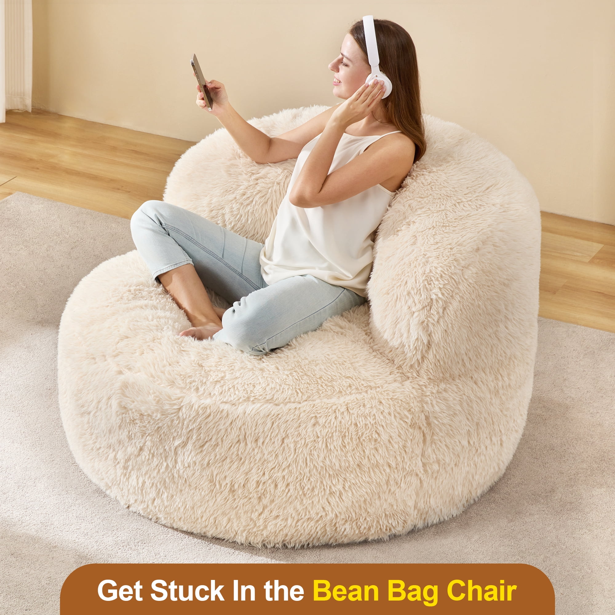 Hobestluk Giant Bean Bag Chairs for Adults Big Bean Bag Chair with Foam Filler Large Beanbags with Stuffed Back Lazy Sofa, White-Oversize