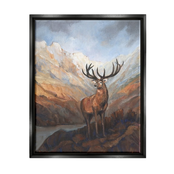 Stupell Wild Deer Breathtaking Mountain View Animals & Insects Painting Black Floater Framed Art Print Wall Art