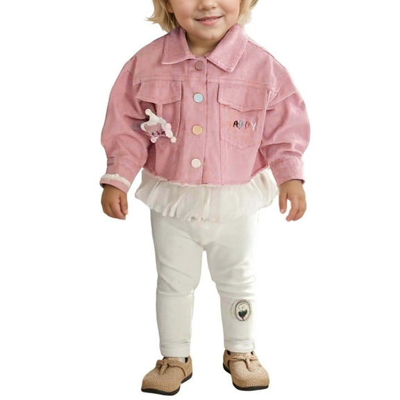 oqasdz Stylish Girls Denim Jacket with Doll Embroidery and Colorful Letter Buttons for Fall Outerwear Long Sleeve Casual Comfort Soft Daily Wear