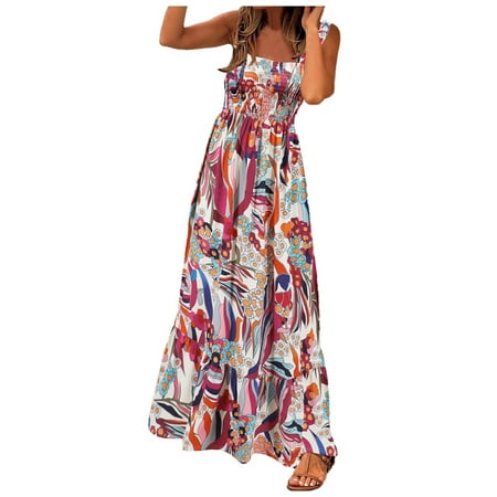 Blphud Hot Summer Dresses for Women Comfy Dress Women Summer Boho Spaghetti Strap Square Neck Ruffle Beach Sun Dress Women s Summer Maxi Dress Women Hot Pink M