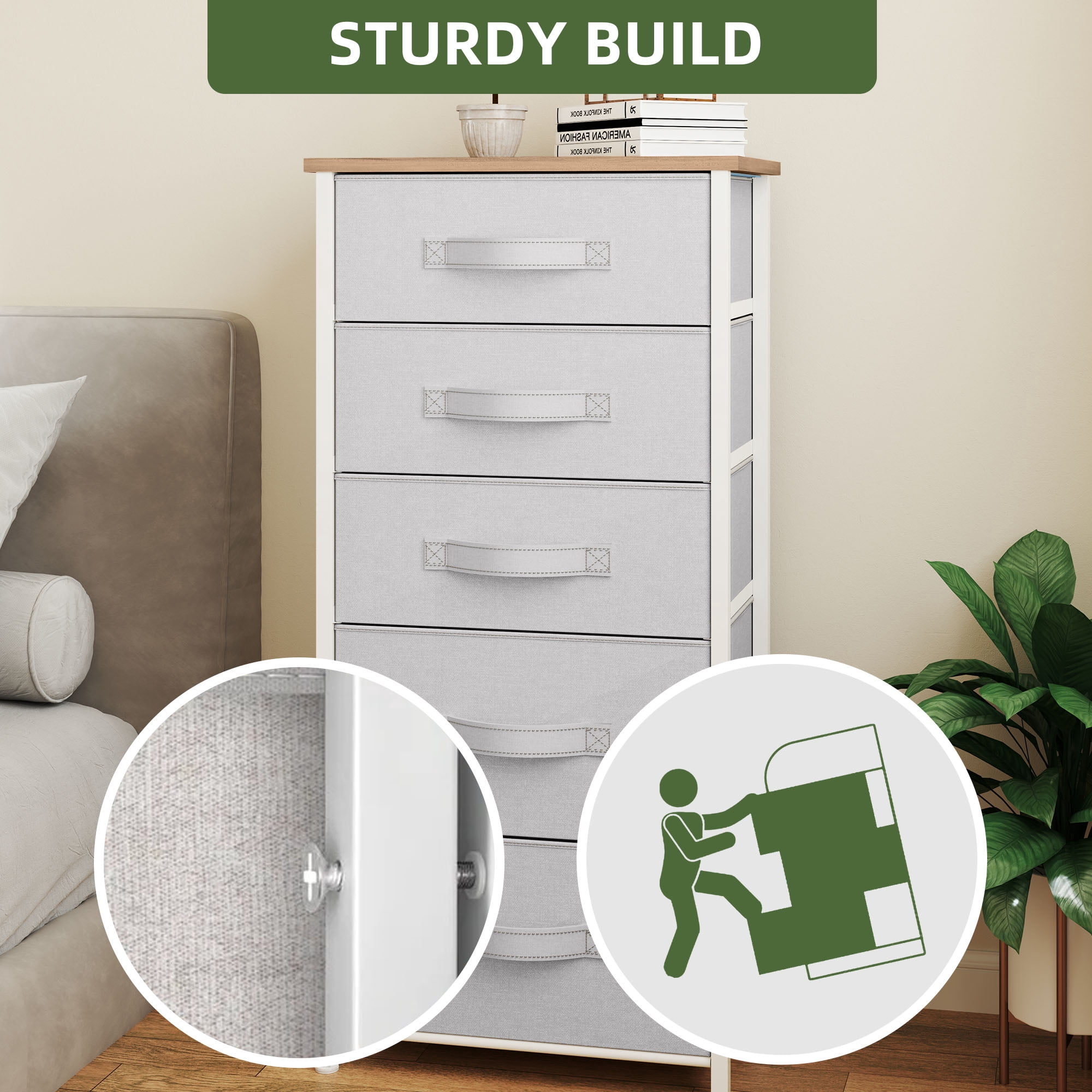 Uforic 5-Drawer Vertical Dresser,Fabric Storage Tower with Steel Frame and Wooden Top,Organizer Unit for Living Room and Hallway Light Gray