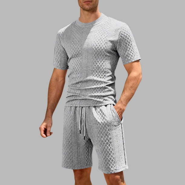 Ceisia Men's Slim Fit Diamond Jacquard 2-Piece Set Crew Neck Short Sleeve T-Shirt with Elastic Waist Drawstring Shorts Gifts