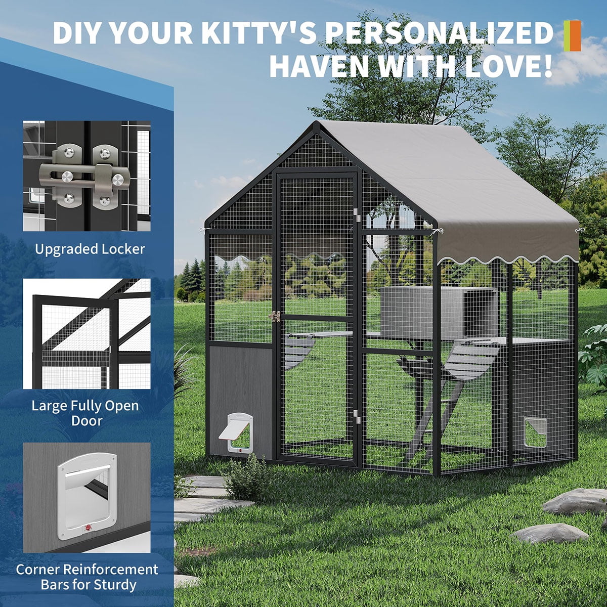 Aluminum Walk-In Large Outdoor Cat Enclosure,Large Outdoor Catio for Multiple Cats, Outside Cattery with Weatherproof Roof with Channels,Side Door,UV Proof Cover,Huge Condo,Platform(ship in 2 boxes)