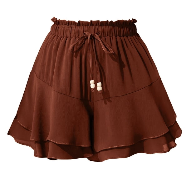 Pantalones de falda con volantes de doble capa for mujer, con cintura elástica y cordón, pantalones de falda informales antiexposición deportivos