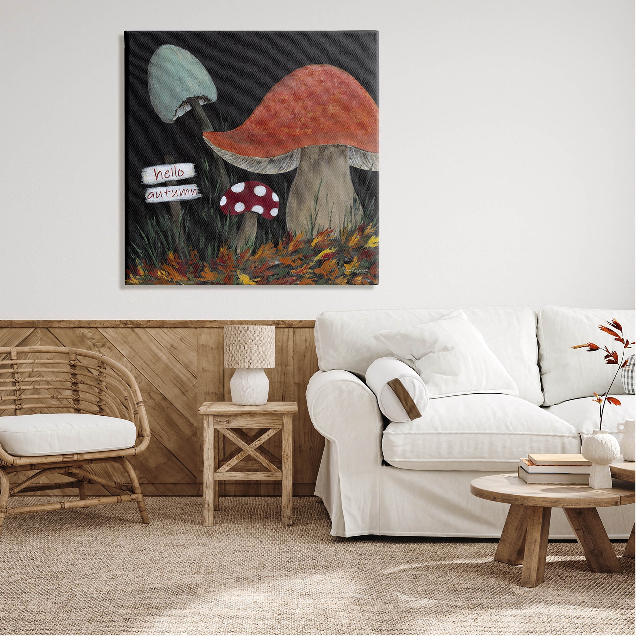 Hello Autumn Woodland Mushroom Forest Botanical & Floral Graphic Art Gallery Wrapped Canvas Print Wall Art
