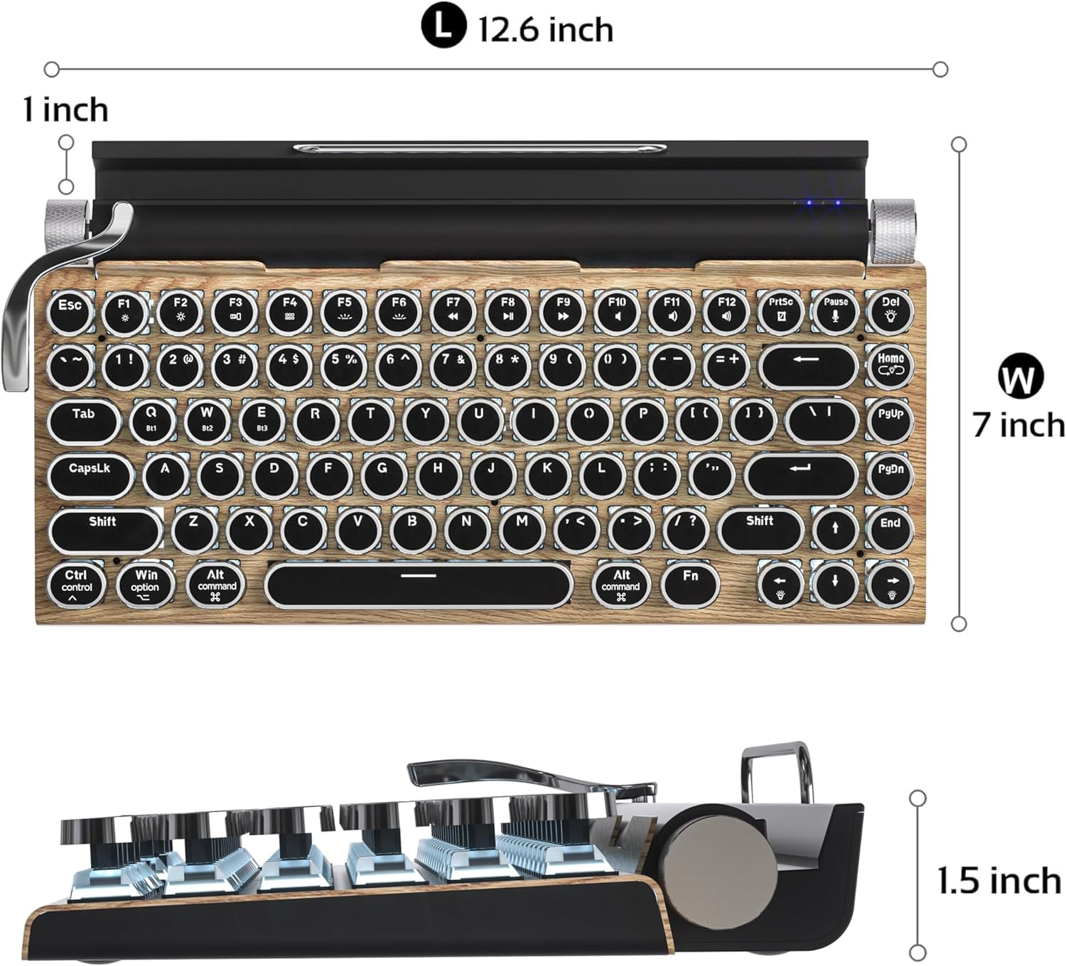Wireless Mechanical Gaming Keyboard with Bluetooth 5.0, Vintage 83-Key Design, Blue Switches, Punk Round Keycaps, LED Backlight, Compatible with PC/Laptop/Tablet/Phone, Wood Frame