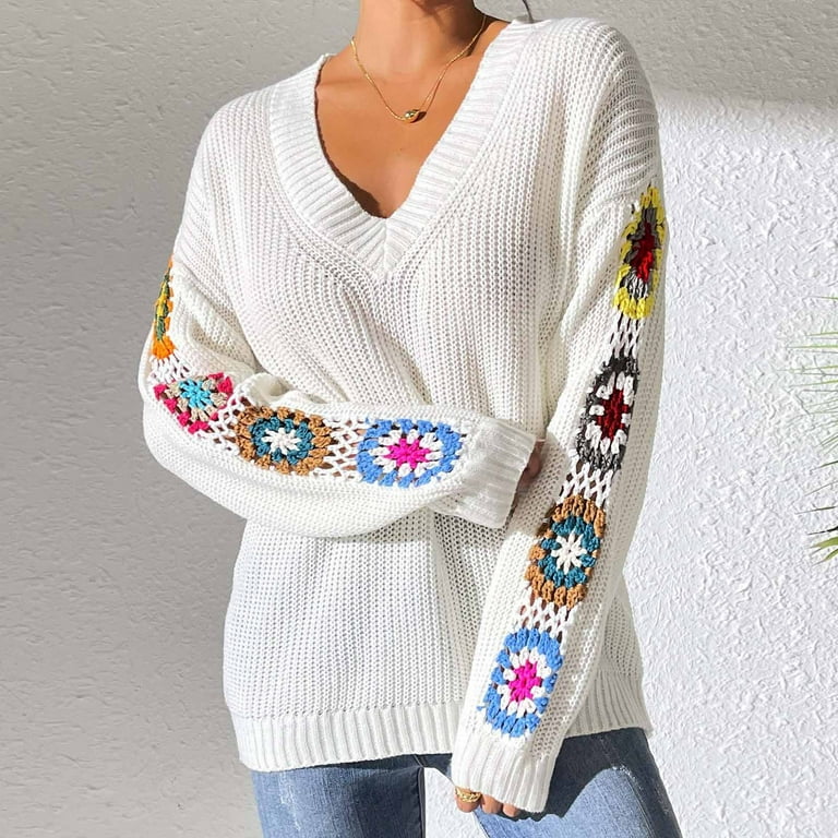 Aboser Women's Embroidered Flowers Sweater Tops Trendy Cable Knit