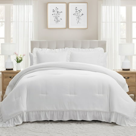 My Texas House Delphine 3-Piece Bright White Ruffle Comforter Set, Full/Queen