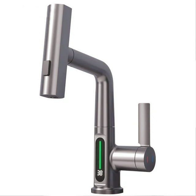 Pull Out Faucet with 360 Degree Rotation, 5 WaterModes, Copper, LED Temperature Digital Display Single Handle Faucet, No Battery Needed, Easy to Install for Kitchen Bathroom