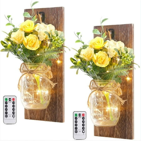 

Dusknt Clearance Household Imitation Retro Wood Mason Jar Wall Lamp Simulation Flower Peony Rose Send Remote Control 2X Mason Wall Lights Clearance Sale