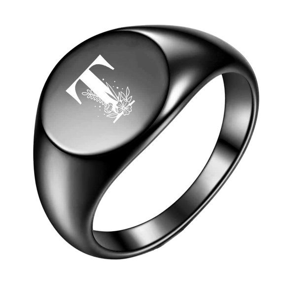 PAURO Initial Rings for Men Women Letter Rose Flower Name Black Silver Gold Plated Size 4 Stainless Steel Cool Personalized Statement Simple Jewelry Black T Size 12