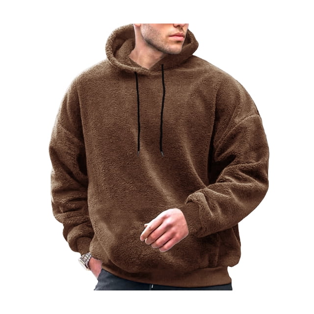 FOCUSNORM Men Plush Loose Hoodies Solid Color Drawstring Hooded Sweatshirts Long Sleeve Tops Fall Winter Casual Pullovers