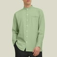 thumbnail image 2 of UVEASISHA Band Collar Linen Shirts for Men Long Sleeve Casual Button Down Shirt Side Slit Lightweight Business Work Shirts Green M, 2 of 7