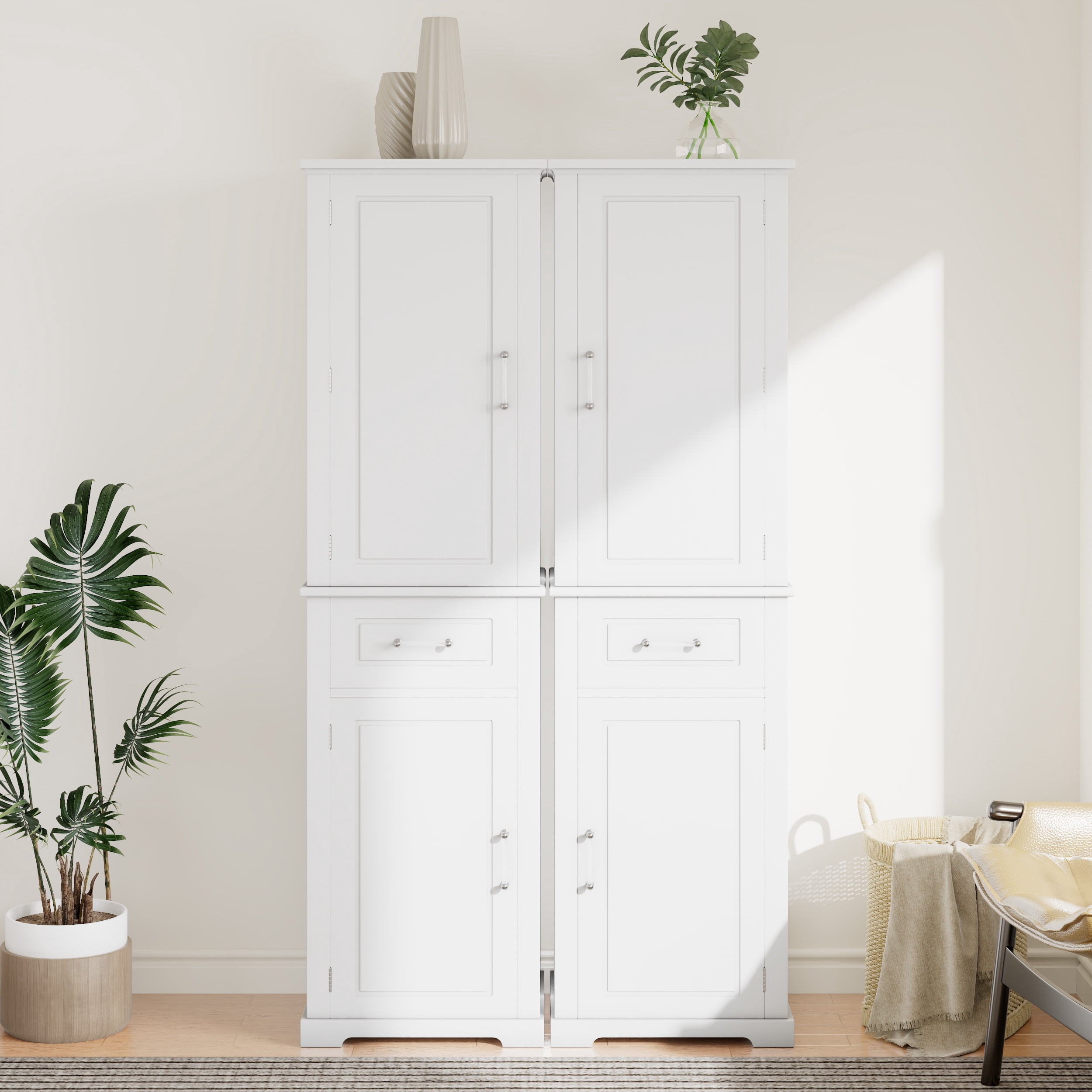Euroco Tall Storage Cabinet with Adjustable Shelves, Drawers and Anti-Tip Kit, Acrylic Handles, Waterproof MDF
