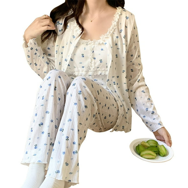 DanceeMangoo 3 Piece Autumn Winter Warm Women Pajamas Set Floral Print Sexy  Robe Top Long Female Cotton Sleepwear Suit Women with Chest Pad