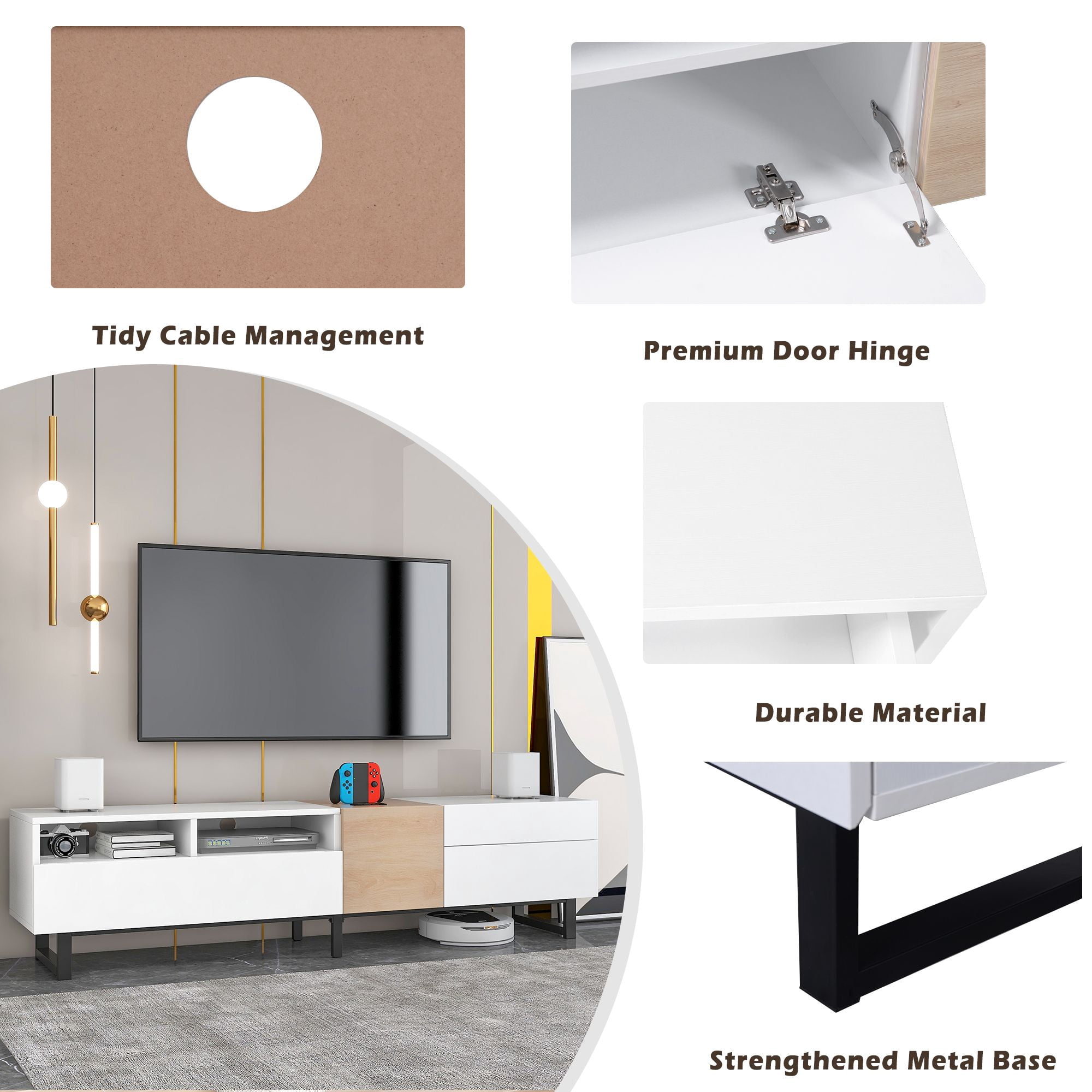 DEALTOPS Modern Minimalist TV Stand with Open Storage Shelves and Large Storage Space for TVs up to 80'' -White