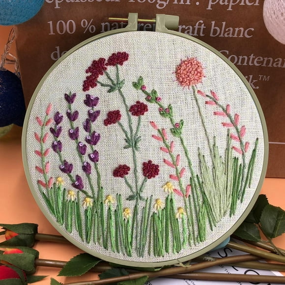 Kit de bordado para principiantes | Set de inicio de bordado a mano para adultos y niños | Kit completo con tela de algodón impresa, hilos, agujas, aro de 20 cm, patrón floral | 30x30 cm | Idea para
