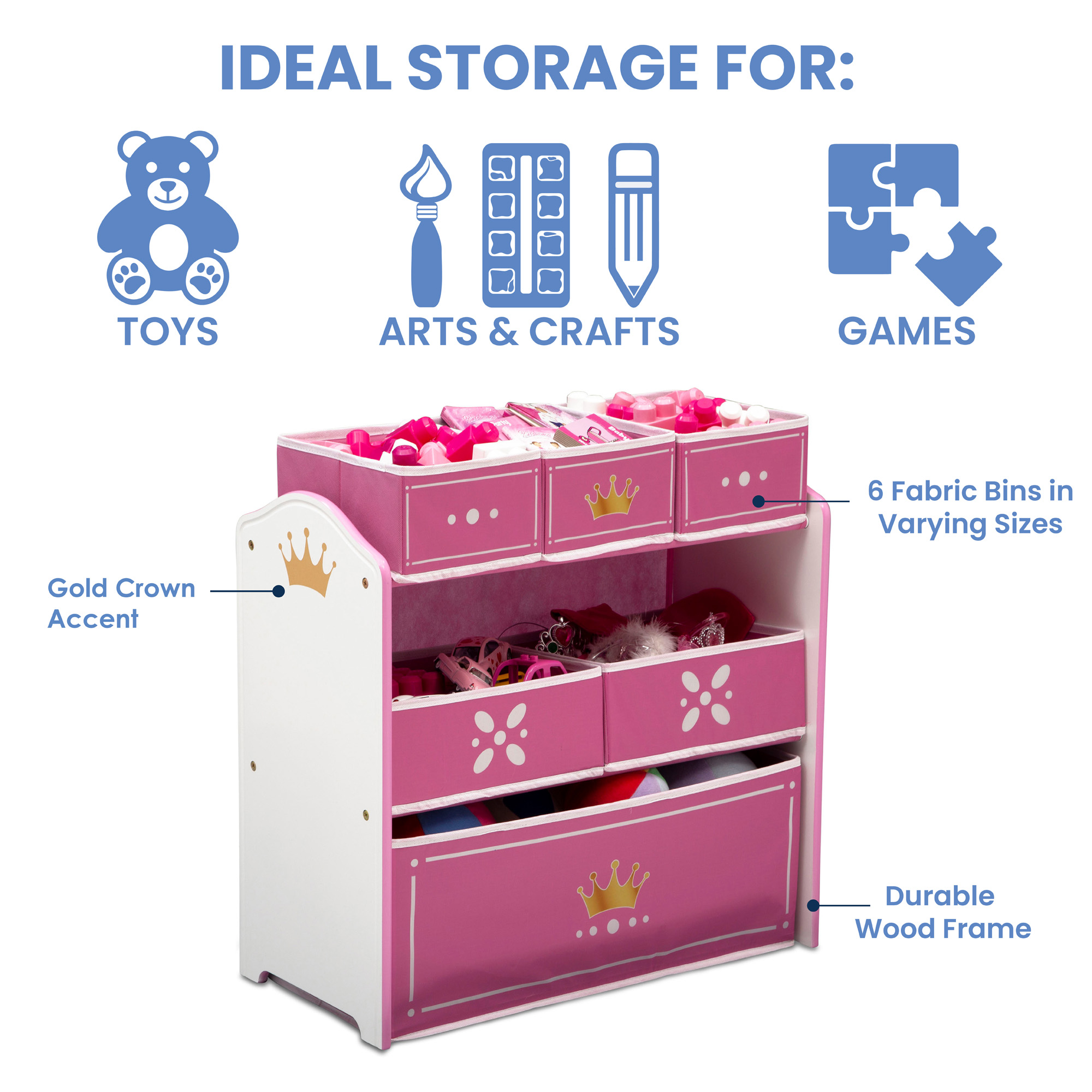 Delta Children Princess Crown 6 Bin Storage Toy Organizer, Greenguard Gold Certified, Solid Wood & Fabric, White/Pink - image 5 of 7
