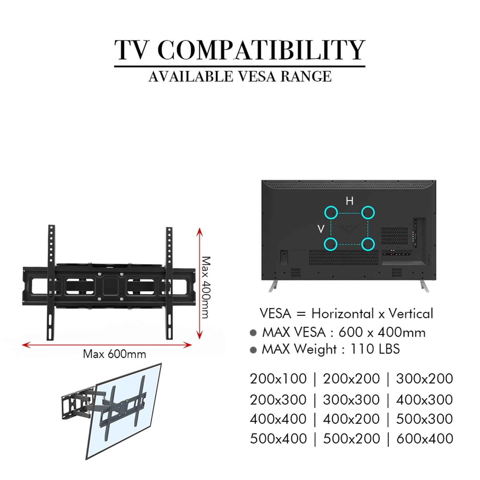 UWR-Nite Full Motion TV Wall Mount for Most 32-70 inch Flat Screen/LED/4K TV, TV Mount Bracket Dual Swivel Articulating Tilt 6 Arms, Max VESA 600x400mm, Holds up to 110lbs