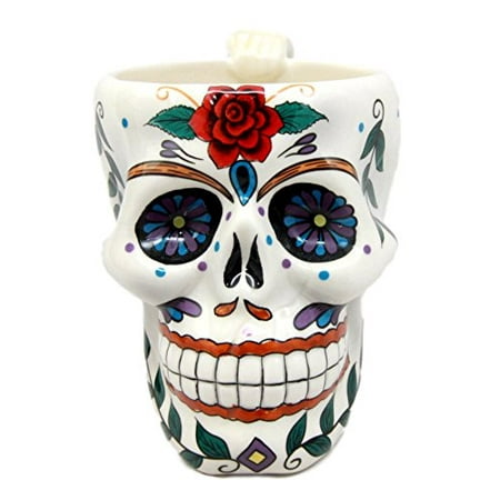Ebros Gift White Tribal Day of The Dead Red Rose Sugar Skull Drink Coffee Mug Cup Ceramic