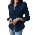 thumbnail image 2 of Women Button Down Shirts Long Sleeve Collared Office Work Blouses Beach Tops with Pockets Dark Blue M, 2 of 8