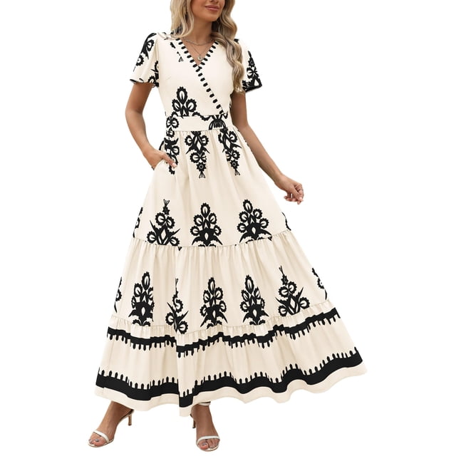 Vestido largo PRETTYGARDEN para mujer, verano 2025, cuello en V, estampado floral