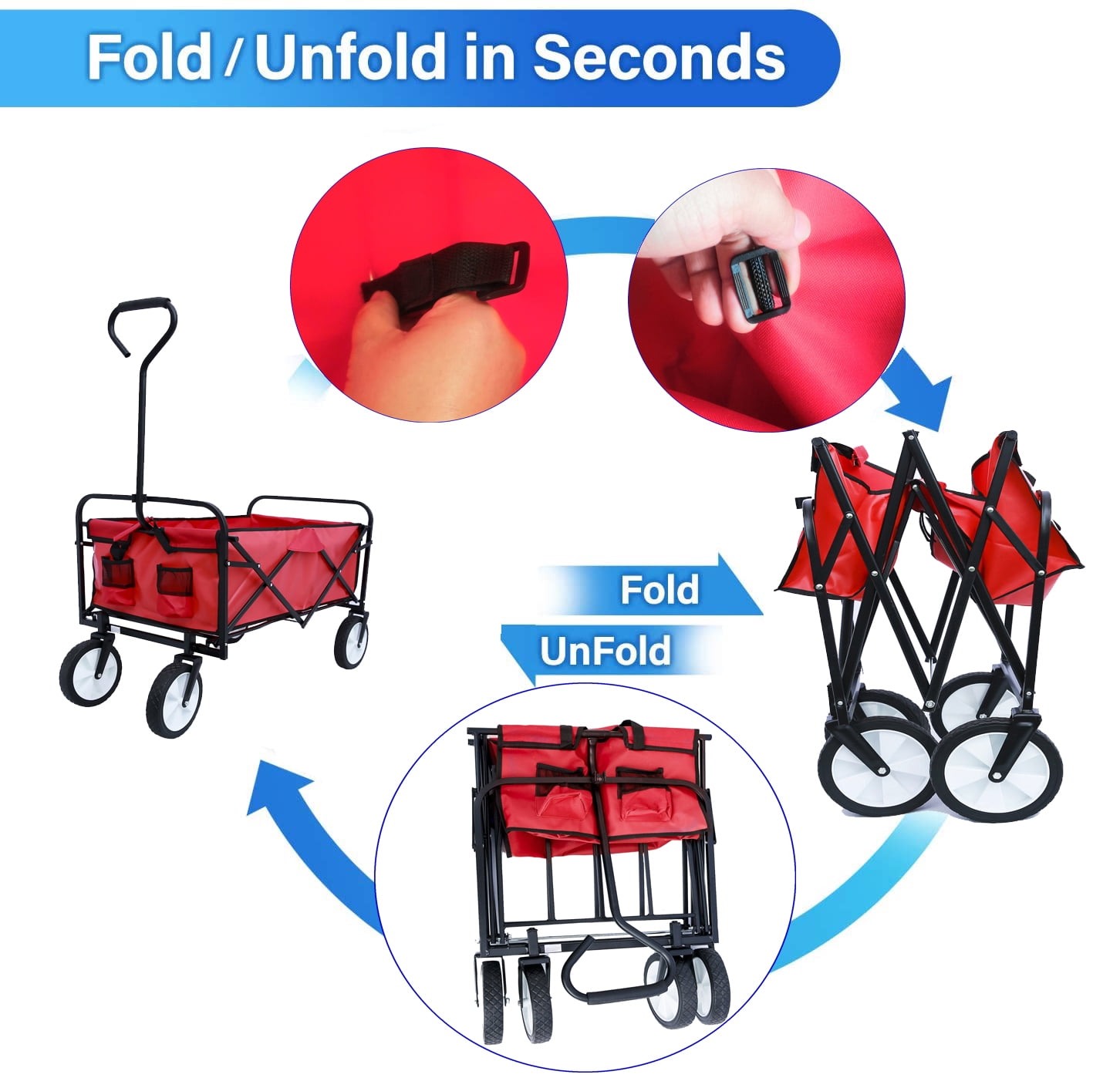 Jump Into Fun Wagon Cart, Newest Collapsible Wagon for Kids with Big Wheels, Push Bar, 2 Mesh Cup Holders, 200LBS Capacity Foldable Beach Wagon, Heavy Duty Utility Wagon Garden Cart for Yard, Red