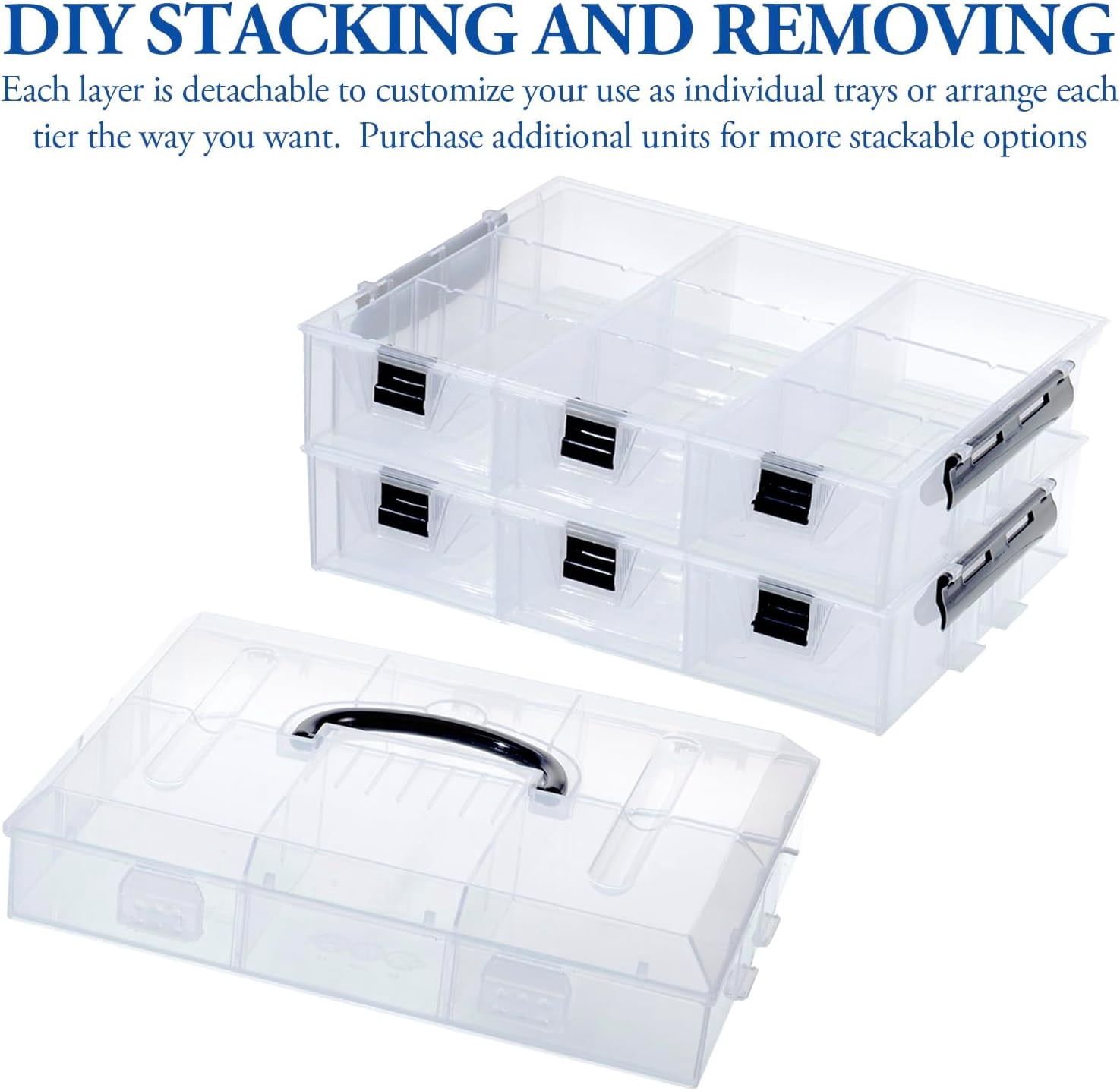 Clear Plastic Storage Box Container, Arts and Crafts Sewing Supplies Organizer Case with Black Accents, 24 Customizable Compartments, and 6 Drawers with Removable Dividers