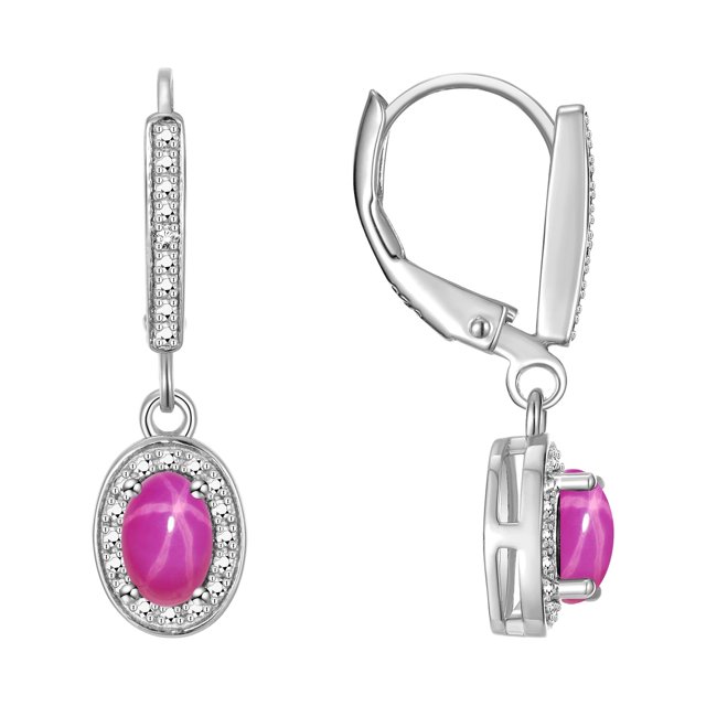 Rylos 14K White Gold Dangling Earrings - 6X4MM Oval Star Ruby & Sparkling Diamonds - Exquisite Birthstone Jewelry