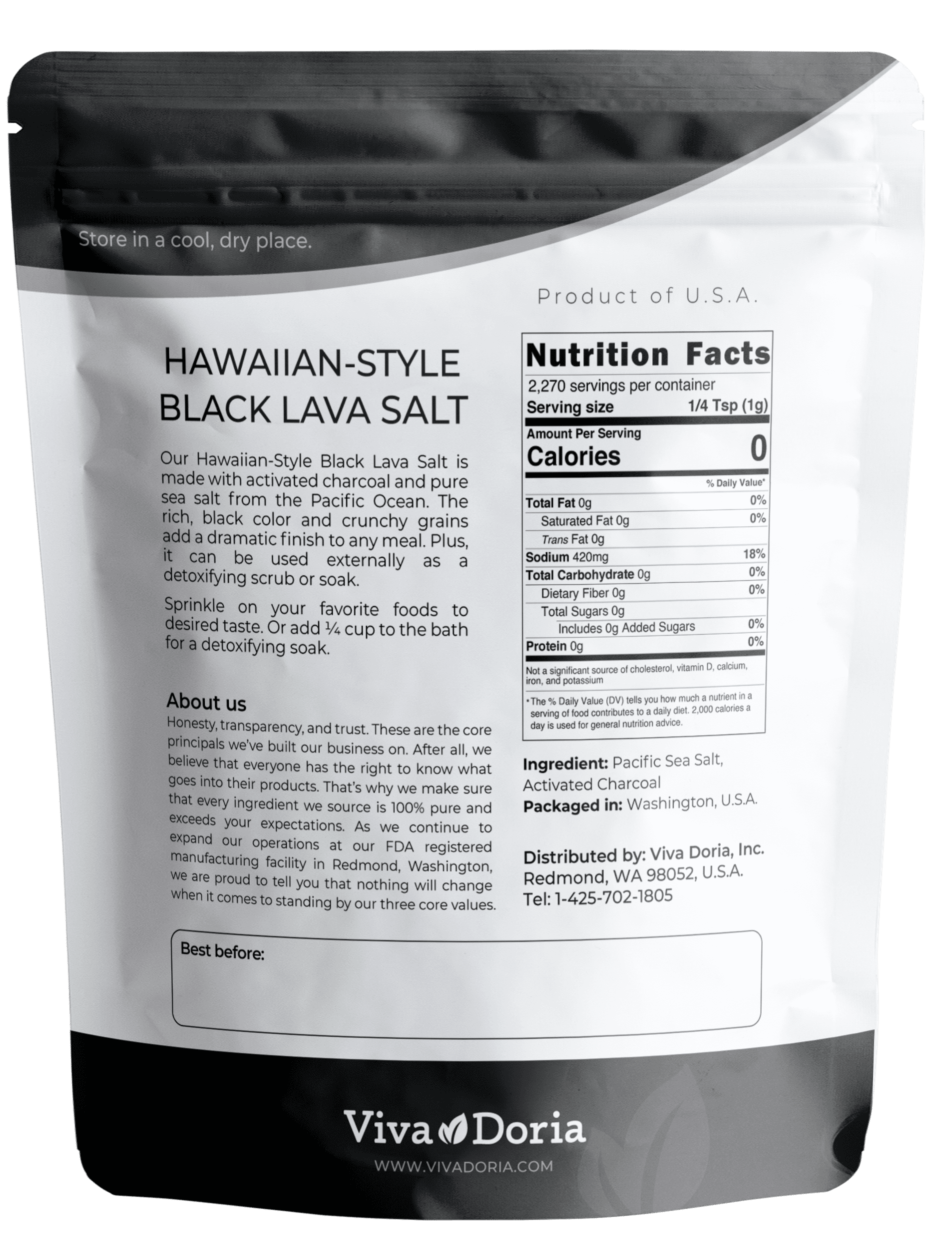 Viva Doria Hawaiian Black Lava Sea Salt, Lava Salt, Medium Grain, 5 lb