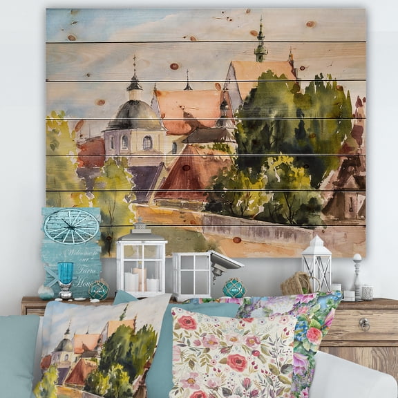 Designart 'View of Old Polish City Buildings In Nature' Traditional Print on Natural Pine Wood