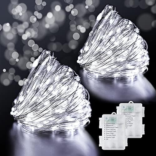 Luces de hadas, 10M 100 luces de hadas LED blancas de cobre que funcionan con pilas con 8 modos, luces de hadas impermeables IP65 para decoración interior/exterior para dormitorio, Navidad, boda, fiesta, hogar, 2 unidades brillar Electrónica